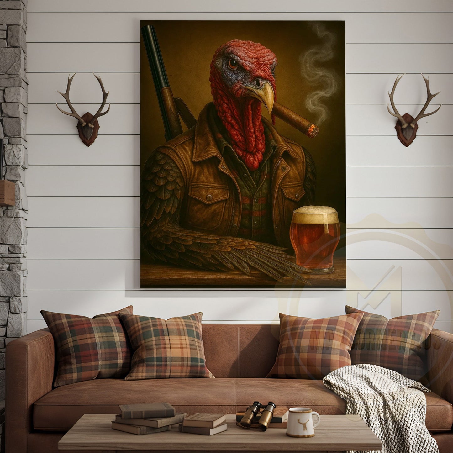 Turkey Hunter With Beer And Cigar Rustic Lodge Wall Art Wrapped Canvas