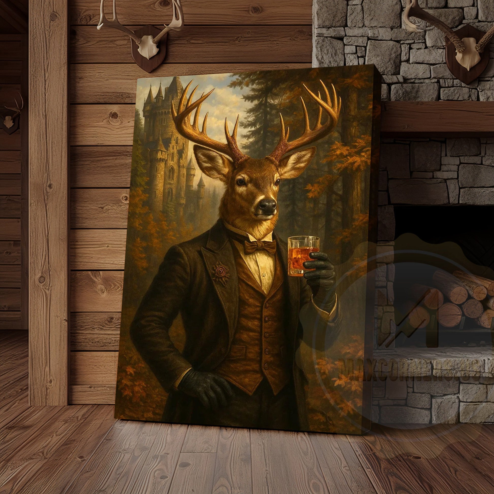 Gentleman Deer With Whiskey Glass Rustic Castle Wall Art Wrapped Canvas