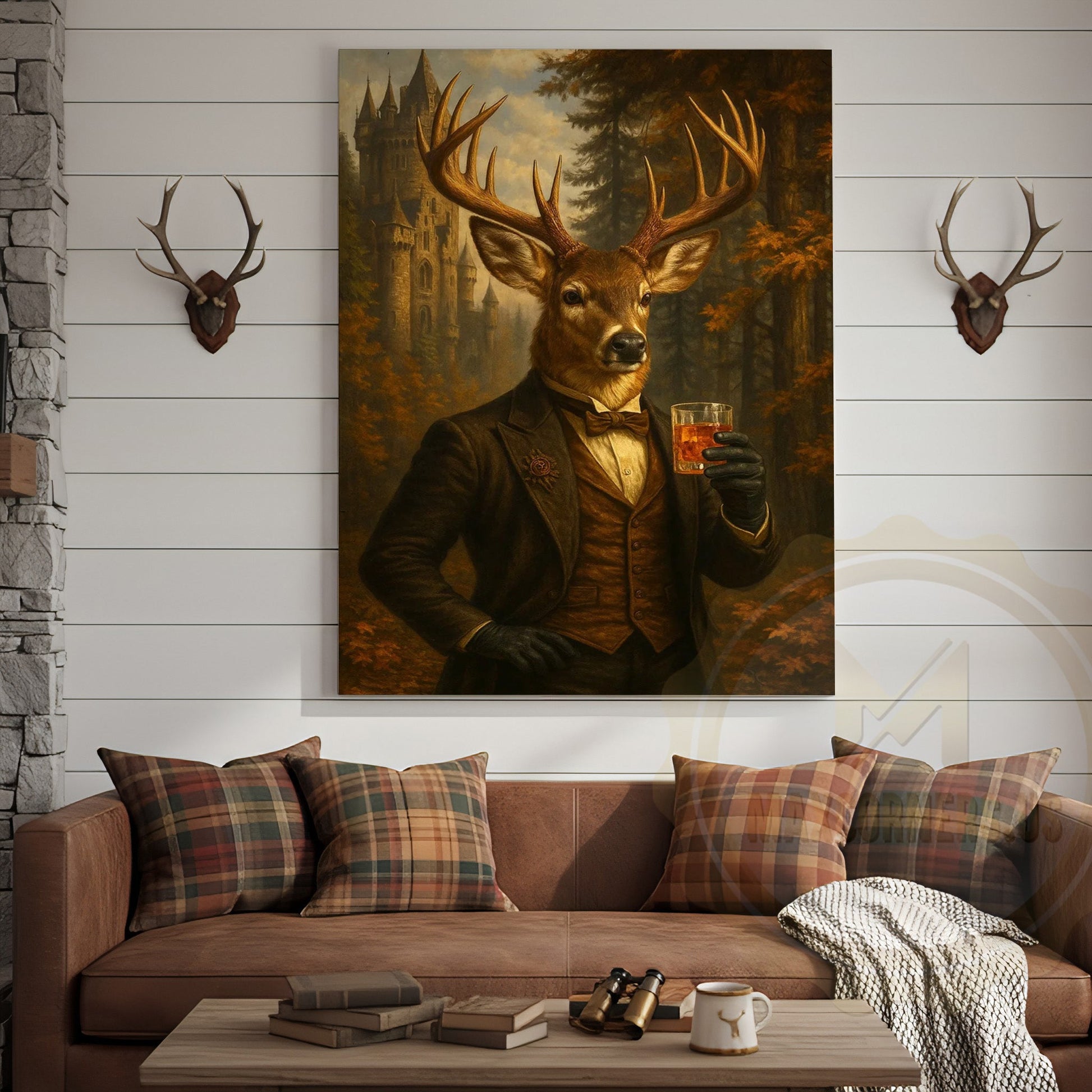 Gentleman Deer With Whiskey Glass Rustic Castle Wall Art Wrapped Canvas