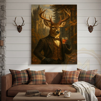 Gentleman Deer With Whiskey Glass Rustic Castle Wall Art Wrapped Canvas
