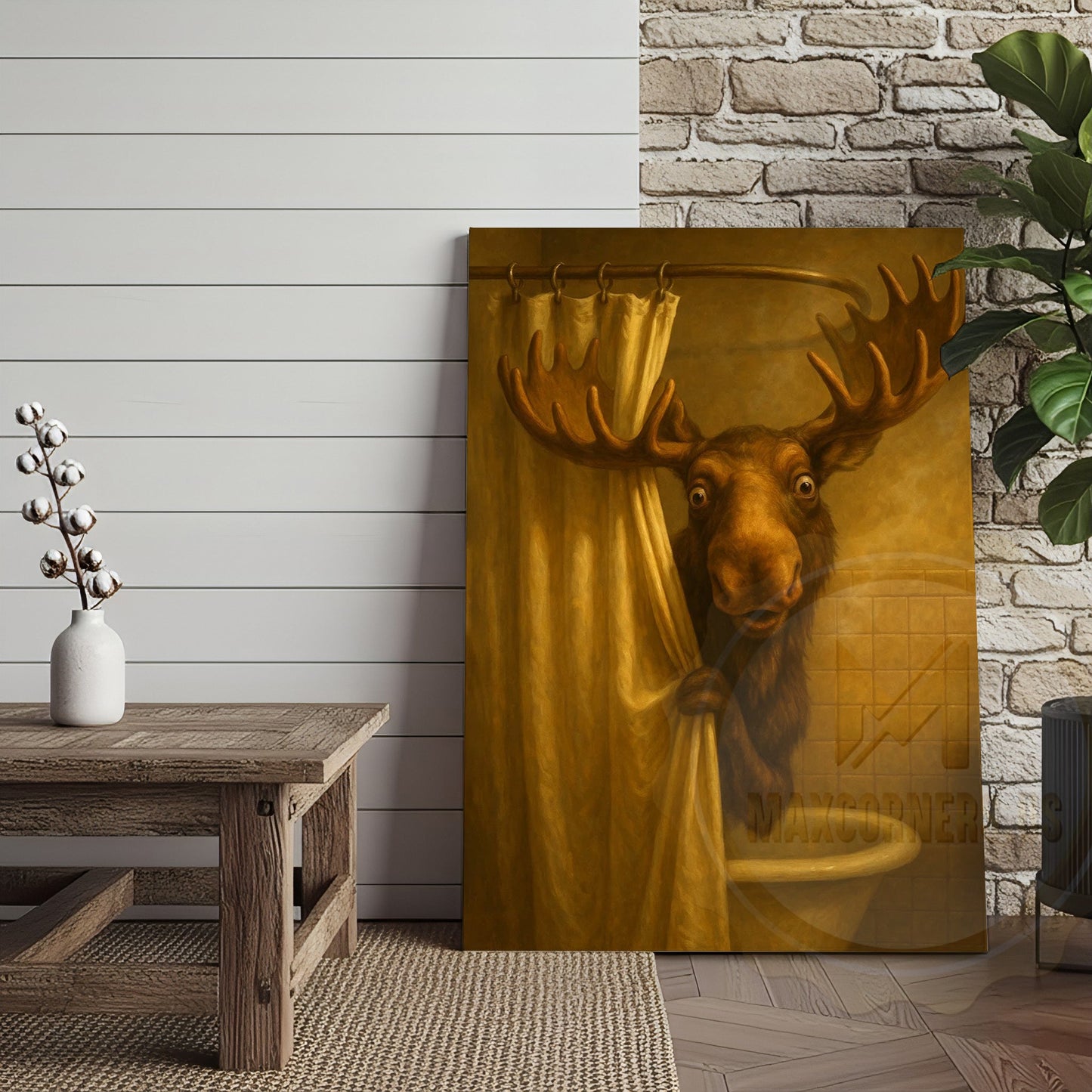 Funny Moose In Shower Rustic Bathroom Wall Art Wrapped Canvas