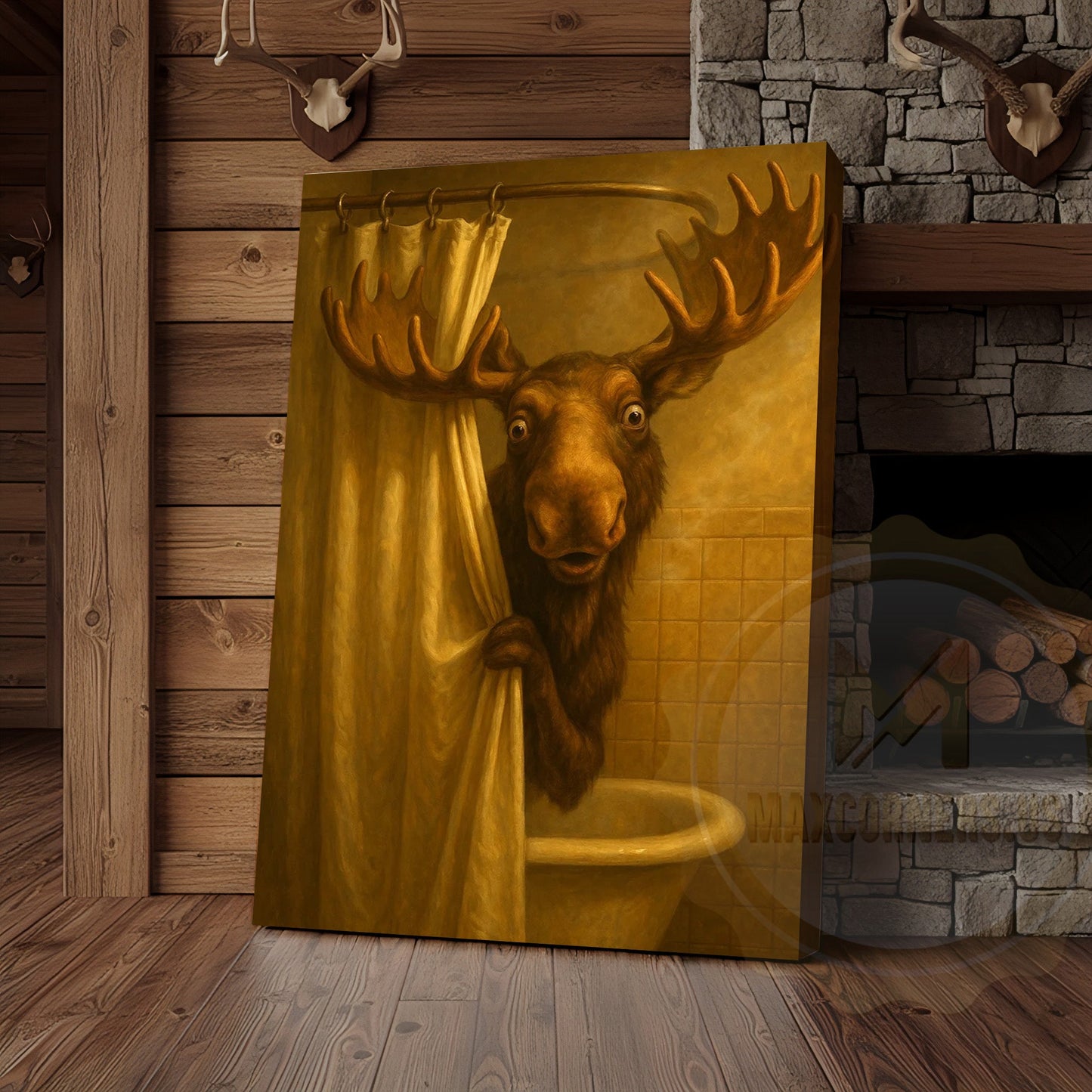 Funny Moose In Shower Rustic Bathroom Wall Art Wrapped Canvas