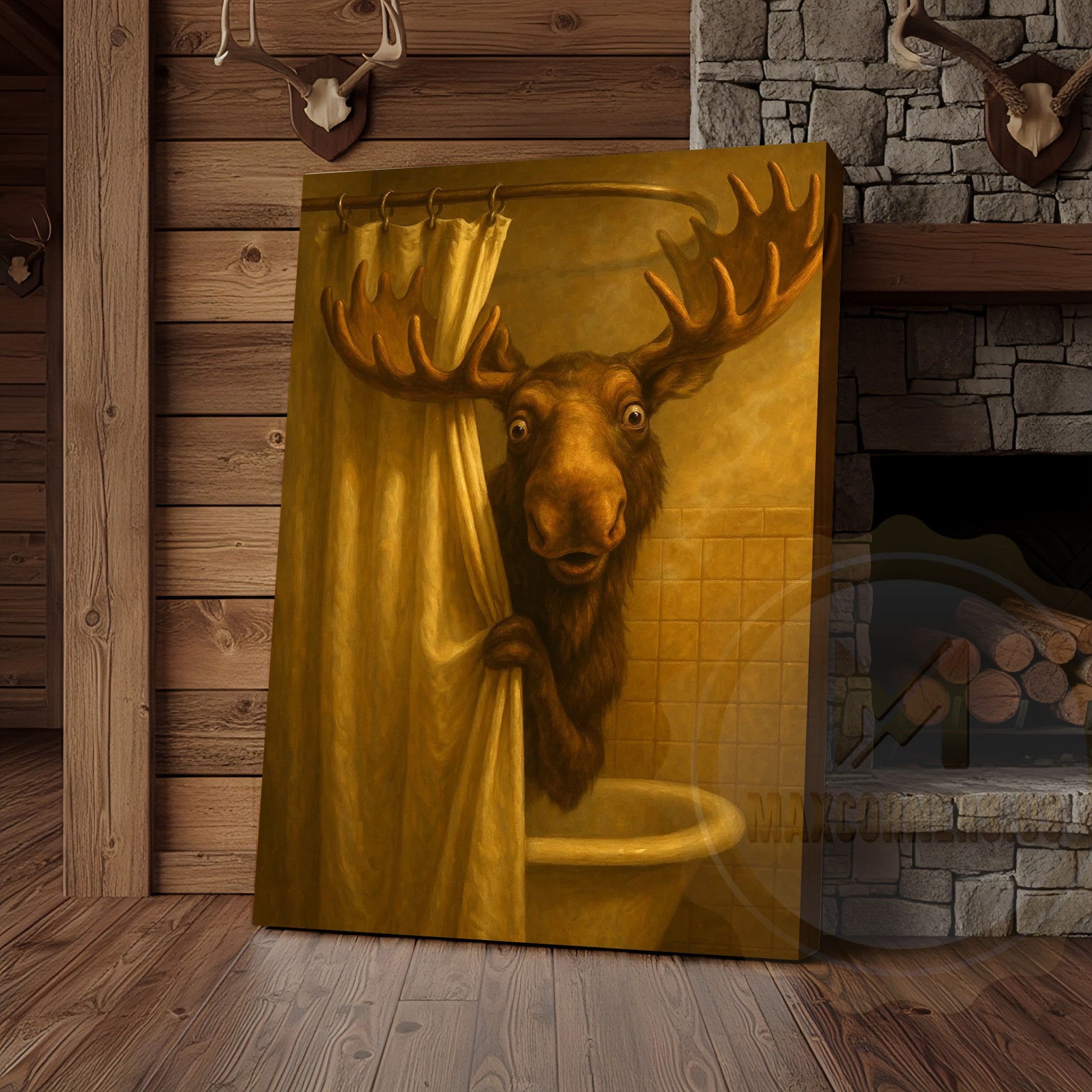 Funny Moose In Shower Rustic Bathroom Wall Art Wrapped Canvas