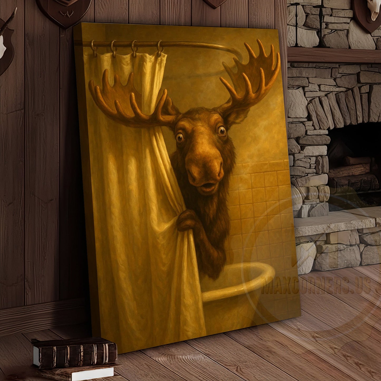Funny Moose In Shower Rustic Bathroom Wall Art Wrapped Canvas