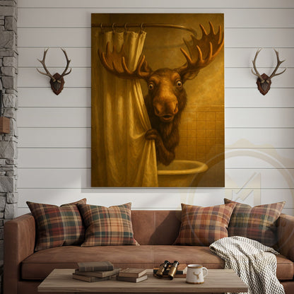 Funny Moose In Shower Rustic Bathroom Wall Art Wrapped Canvas