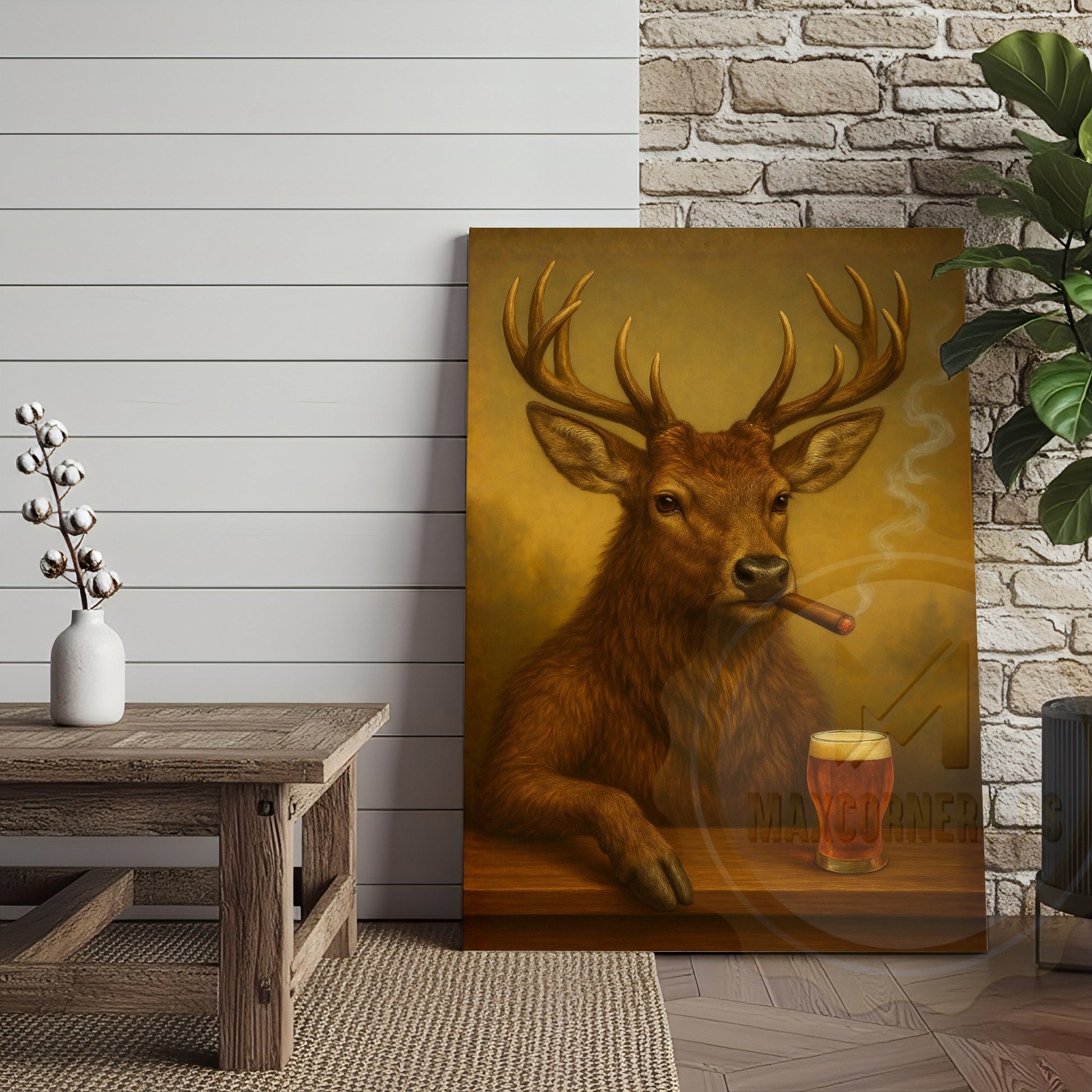 Deer Smoking Cigar with Beer Rustic Cabin Bar Art Wrapped Canvas