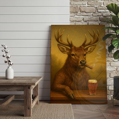 Deer Smoking Cigar with Beer Rustic Cabin Bar Art Wrapped Canvas