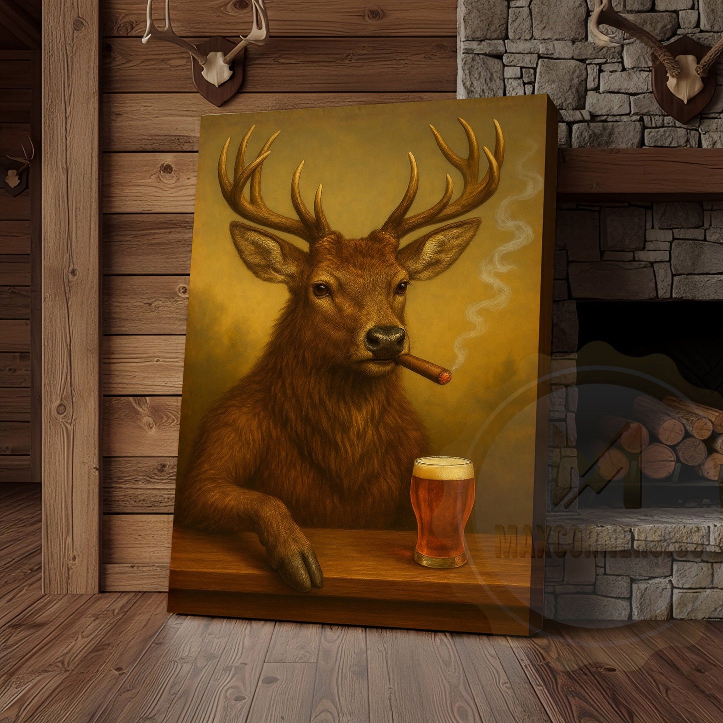 Deer Smoking Cigar with Beer Rustic Cabin Bar Art Wrapped Canvas
