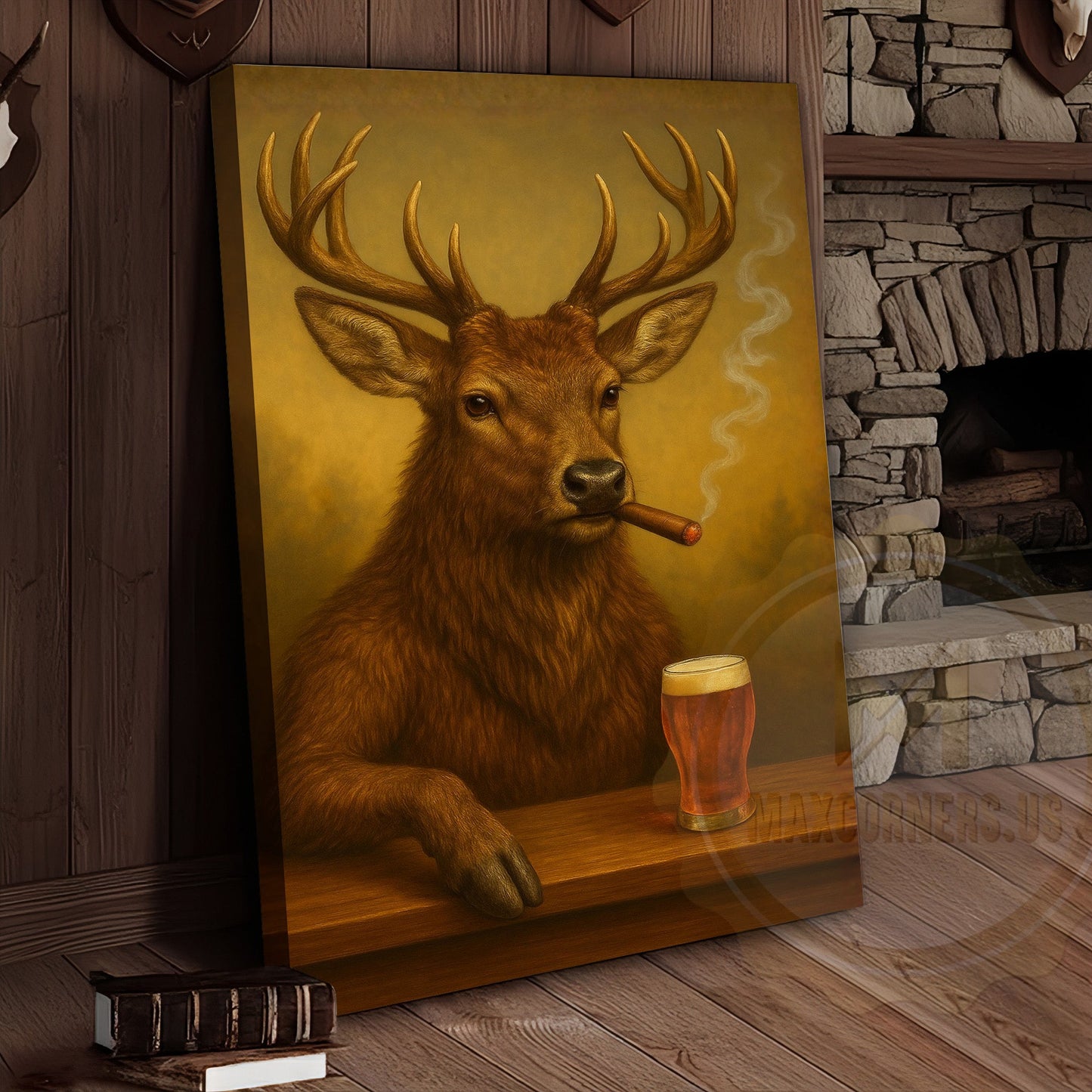 Deer Smoking Cigar with Beer Rustic Cabin Bar Art Wrapped Canvas