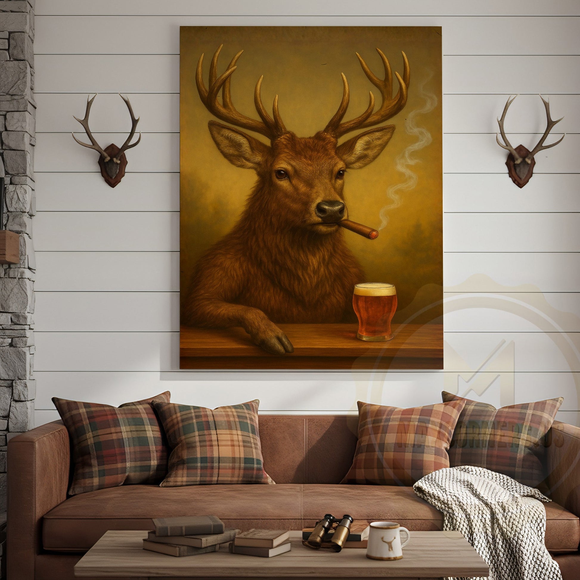 Deer Smoking Cigar with Beer Rustic Cabin Bar Art Wrapped Canvas