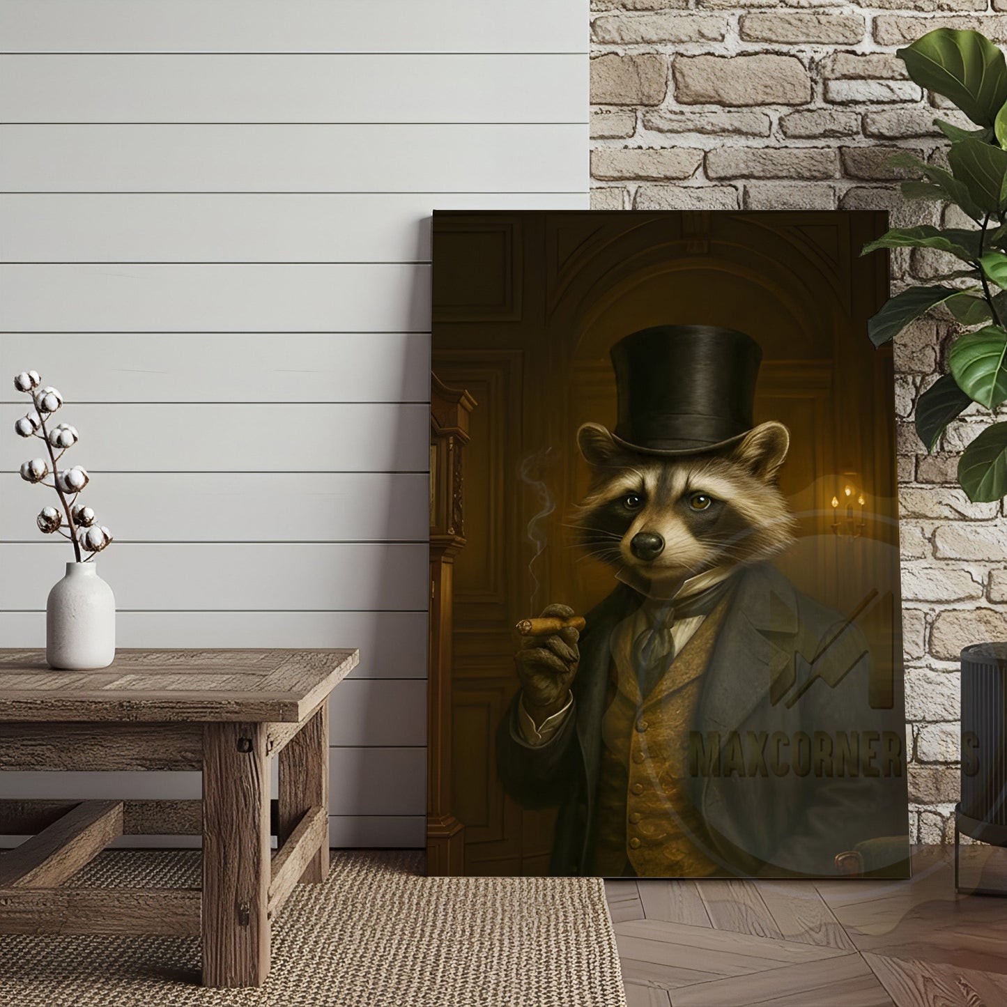Gentleman Raccoon Smoking Cigar Rustic Lodge Wall Art Wrapped Canvas