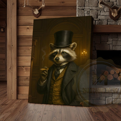 Gentleman Raccoon Smoking Cigar Rustic Lodge Wall Art Wrapped Canvas