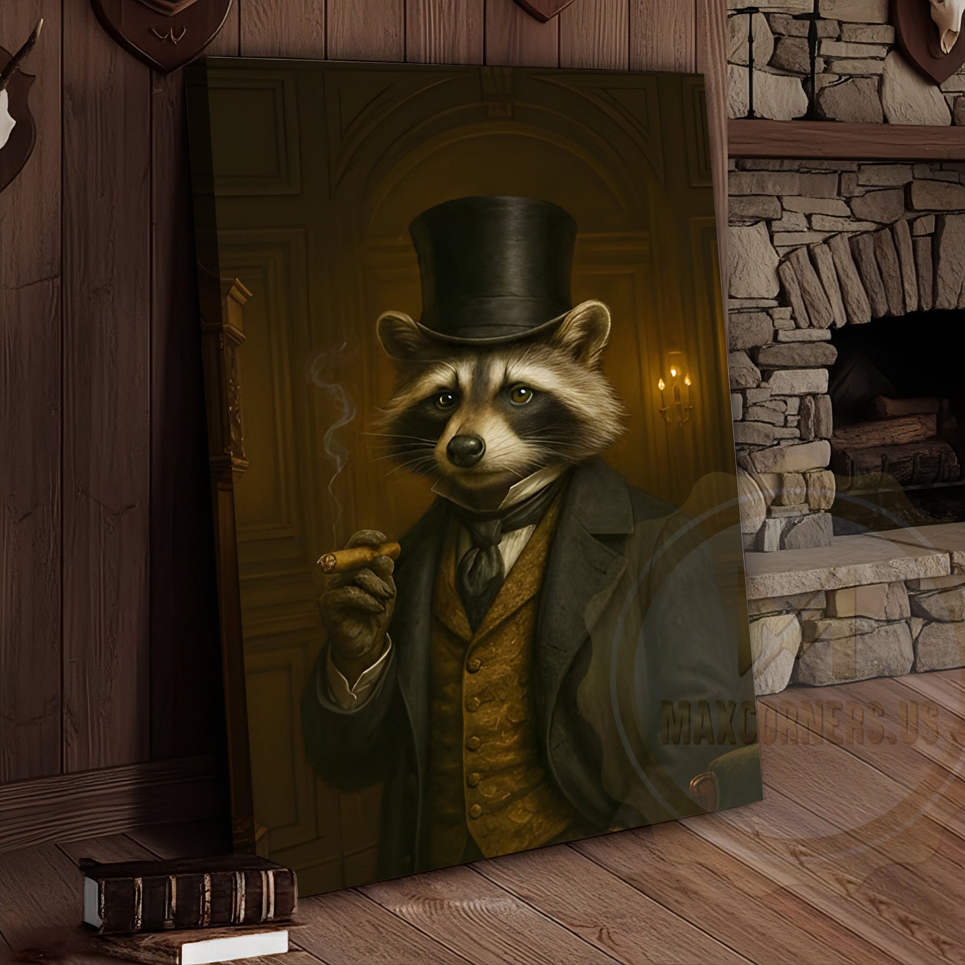 Gentleman Raccoon Smoking Cigar Rustic Lodge Wall Art Wrapped Canvas