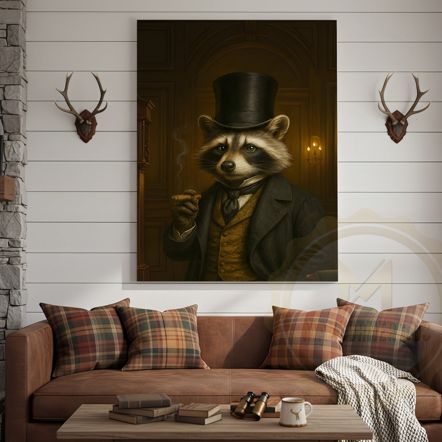 Gentleman Raccoon Smoking Cigar Rustic Lodge Wall Art Wrapped Canvas