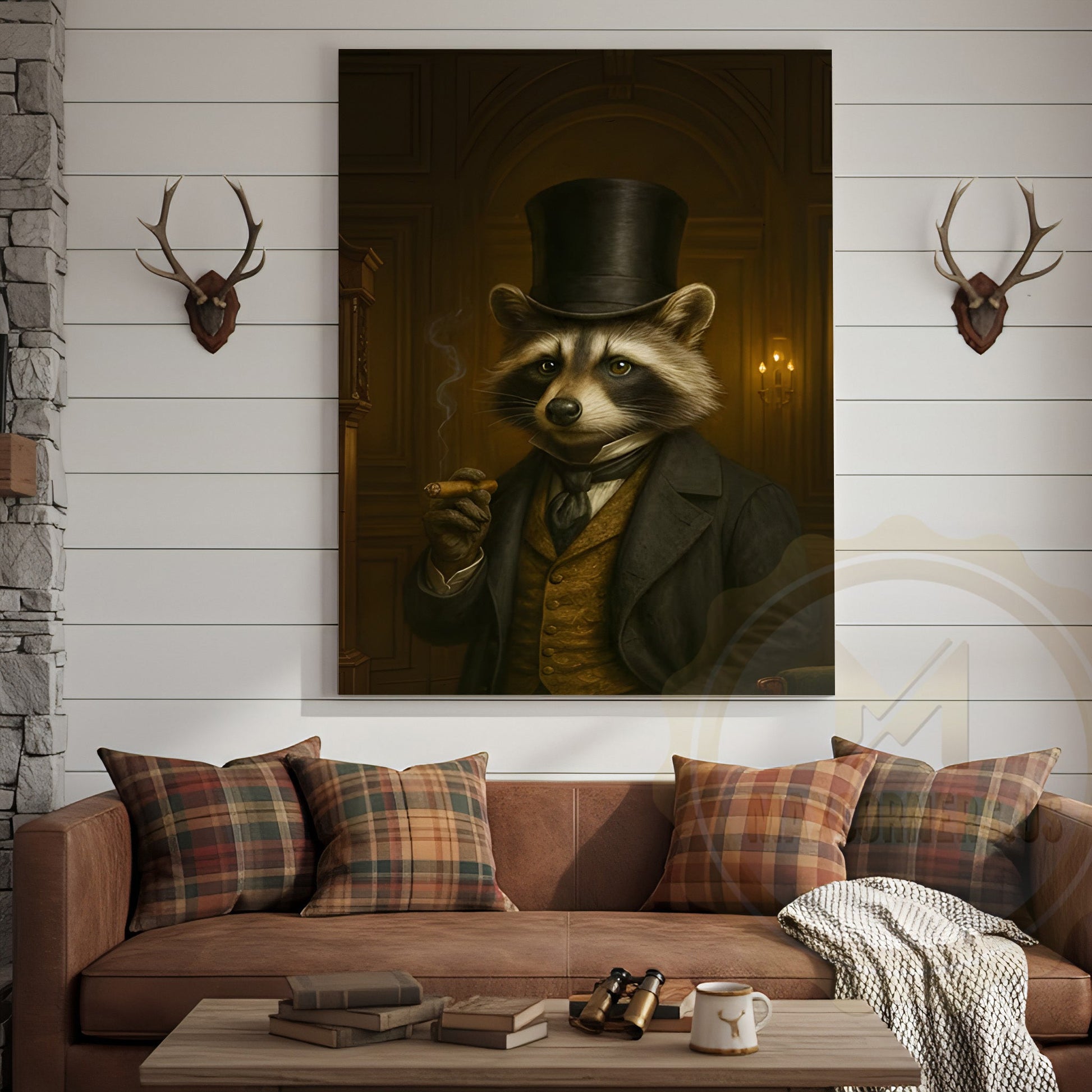 Gentleman Raccoon Smoking Cigar Rustic Lodge Wall Art Wrapped Canvas