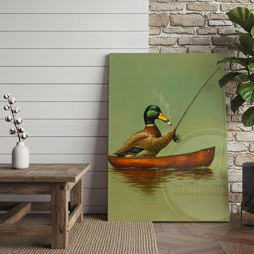 Funny Duck Fishing In Boat Smoking Rustic Lake Lodge Wall Art Wrapped Canvas