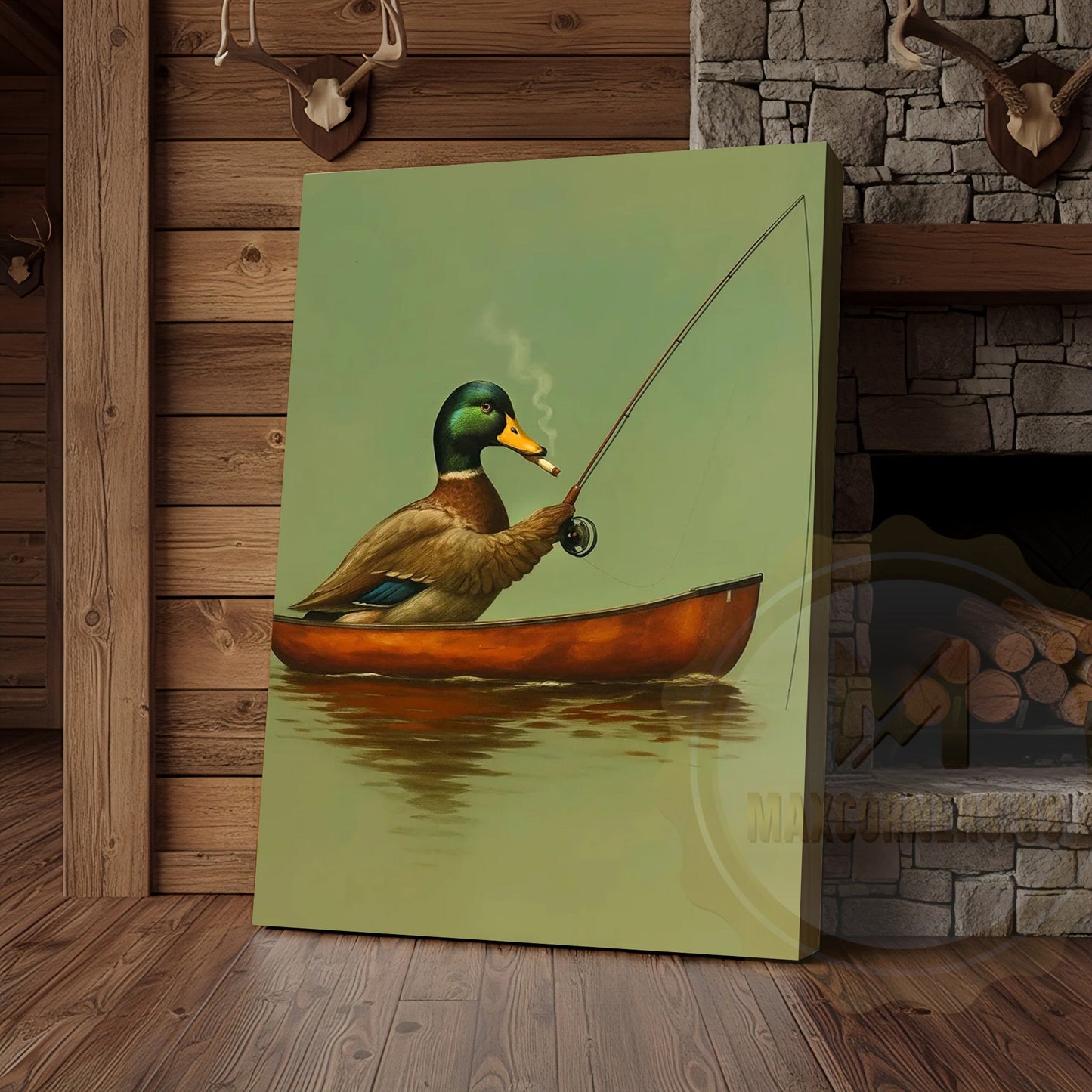 Funny Duck Fishing In Boat Smoking Rustic Lake Lodge Wall Art Wrapped Canvas