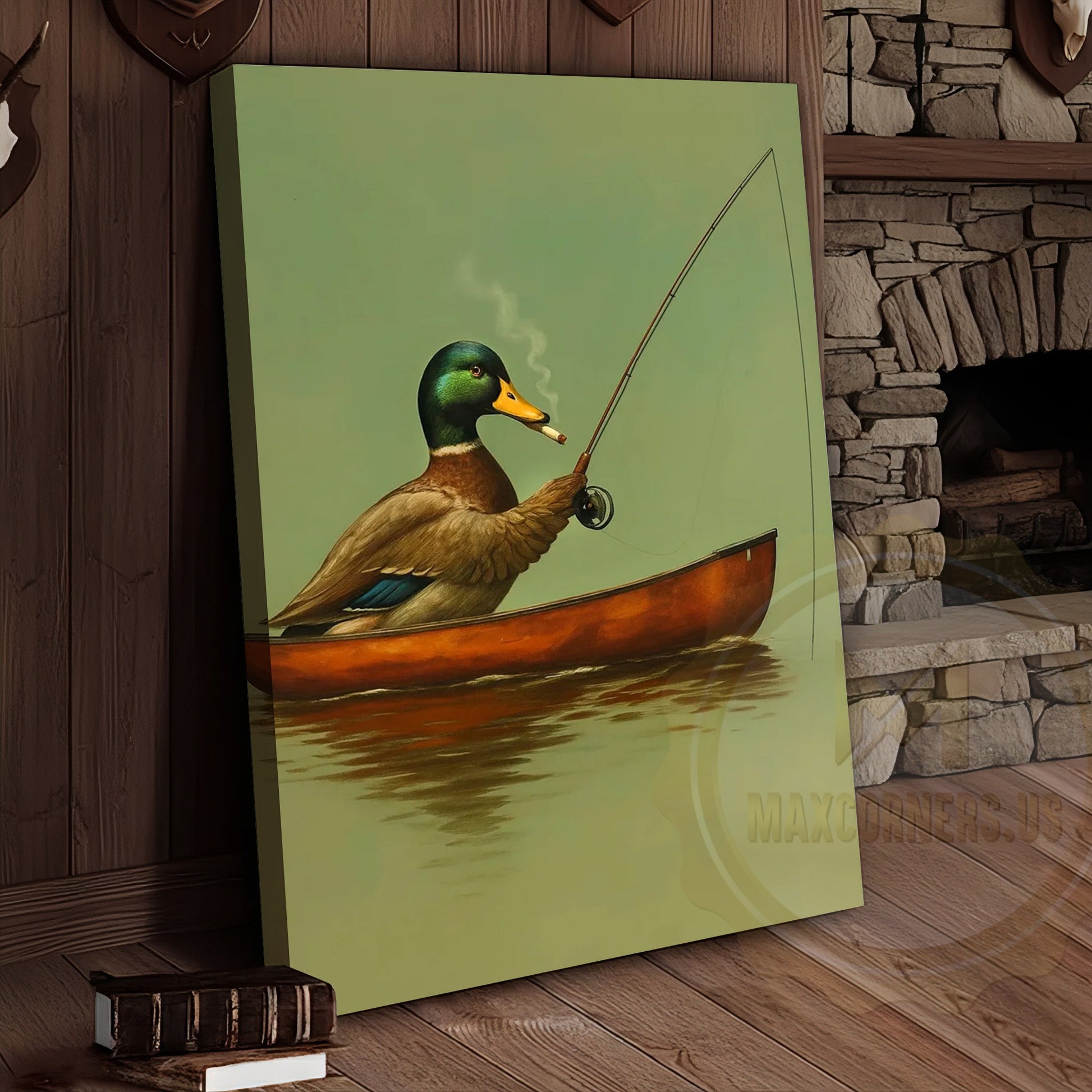 Funny Duck Fishing In Boat Smoking Rustic Lake Lodge Wall Art Wrapped Canvas
