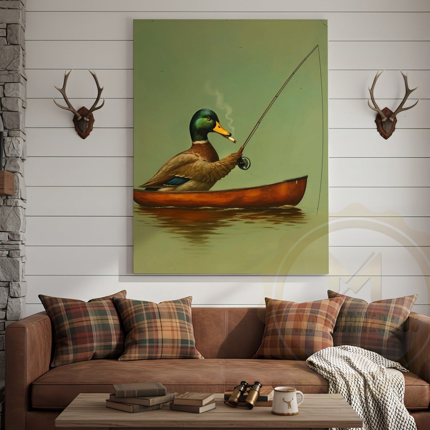 Funny Duck Fishing In Boat Smoking Rustic Lake Lodge Wall Art Wrapped Canvas