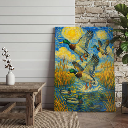 Flying Ducks Van Gogh Style Rustic Hunting Lodge Wall Art Wrapped Canvas
