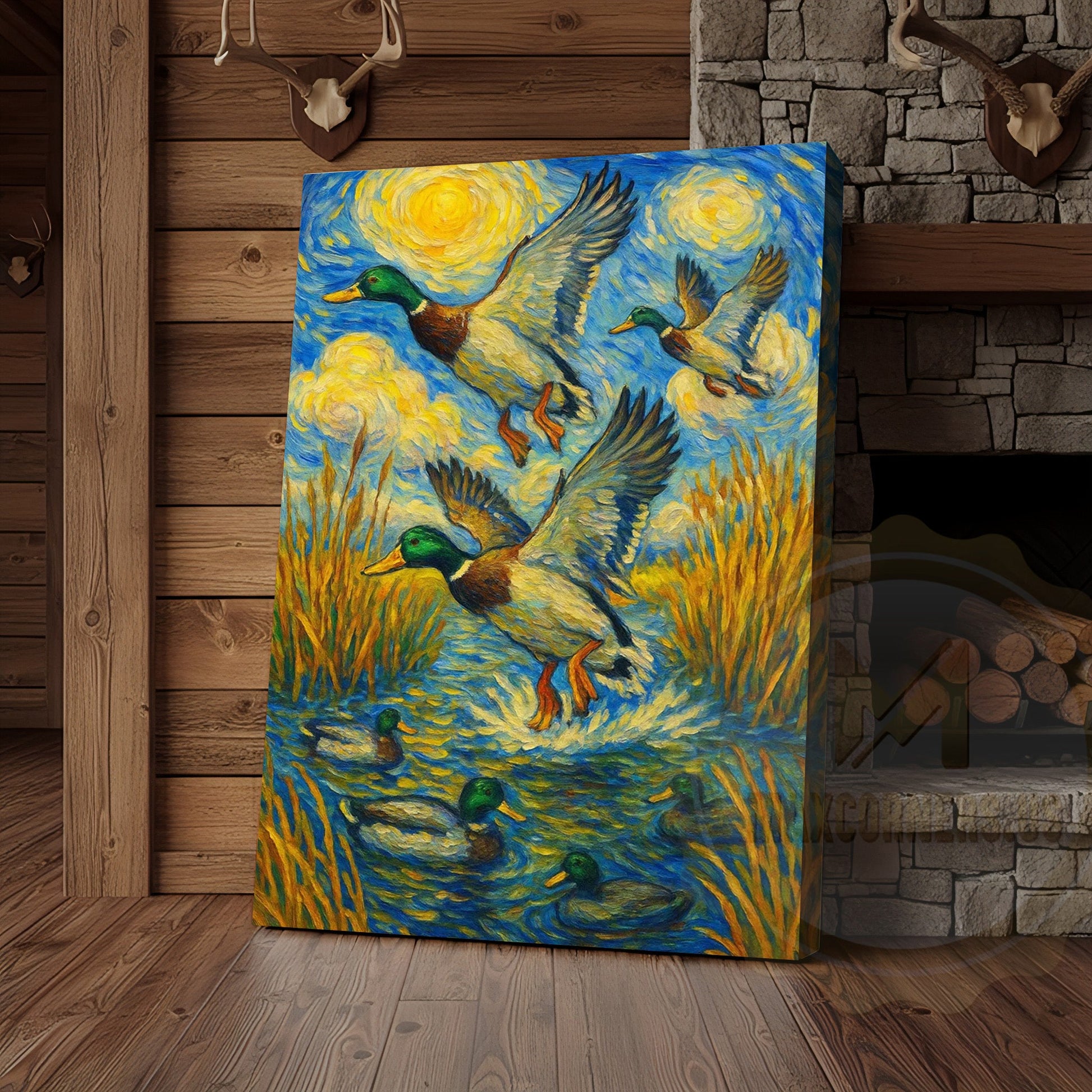 Flying Ducks Van Gogh Style Rustic Hunting Lodge Wall Art Wrapped Canvas