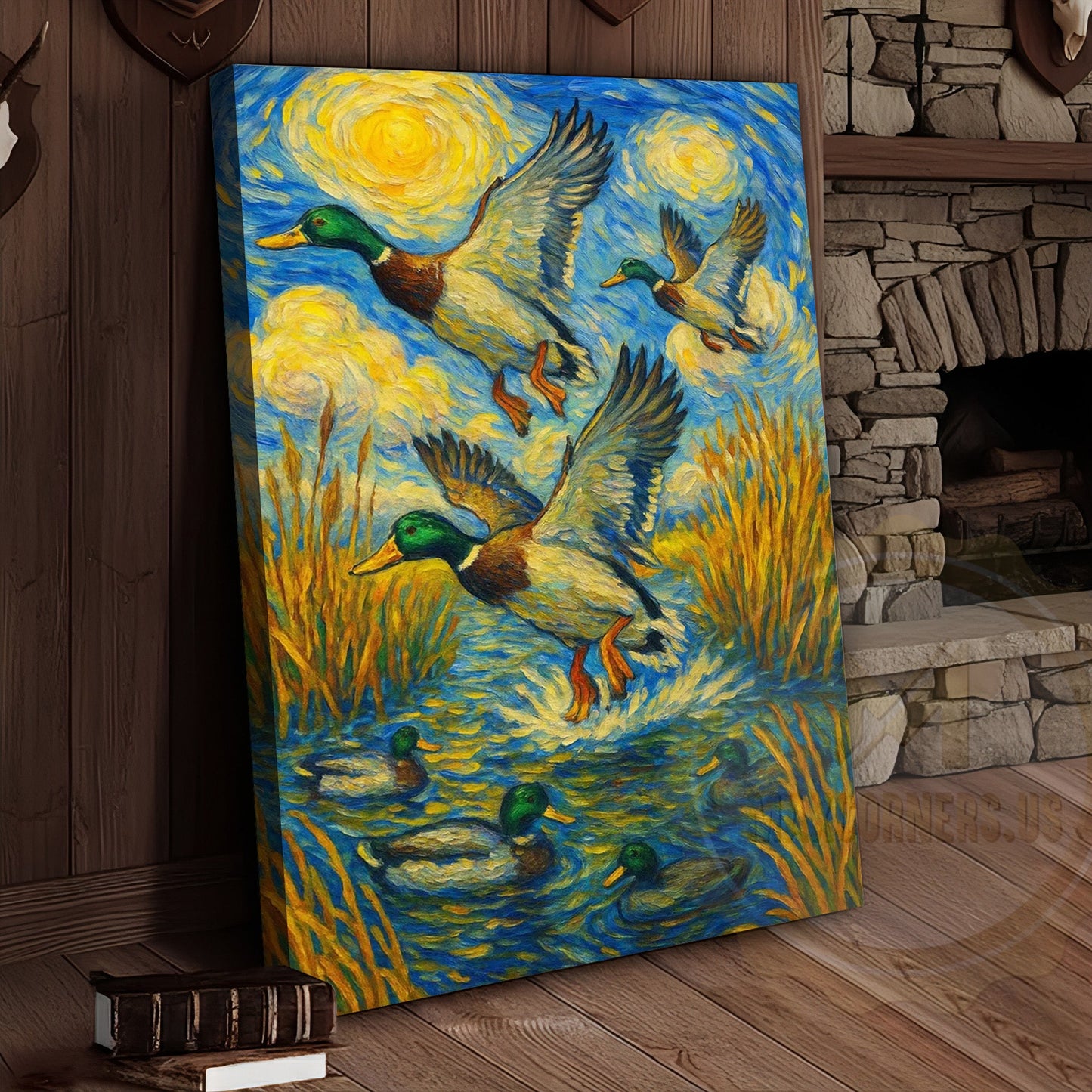 Flying Ducks Van Gogh Style Rustic Hunting Lodge Wall Art Wrapped Canvas