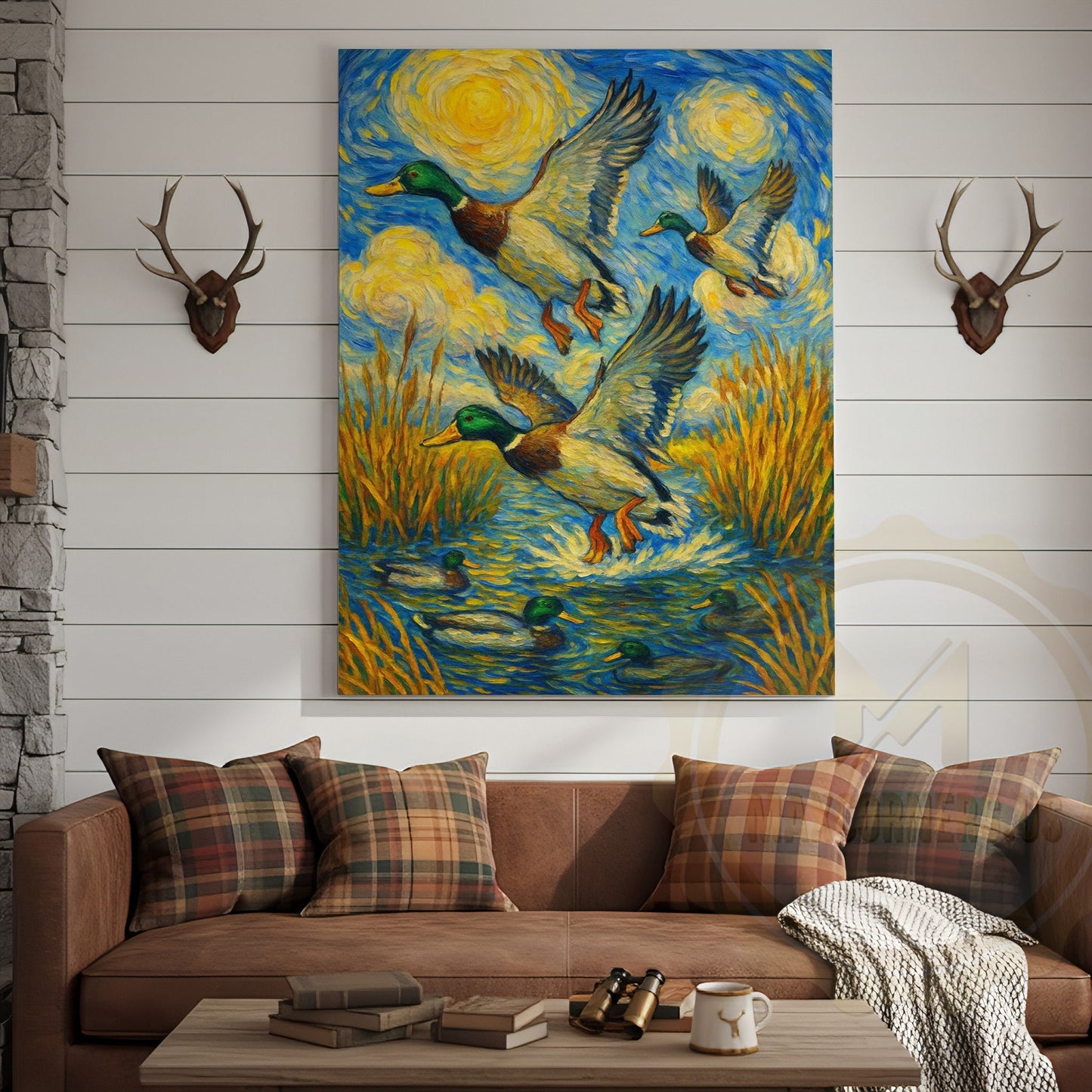 Flying Ducks Van Gogh Style Rustic Hunting Lodge Wall Art Wrapped Canvas