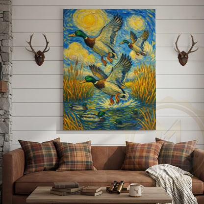 Flying Ducks Van Gogh Style Rustic Hunting Lodge Wall Art Wrapped Canvas