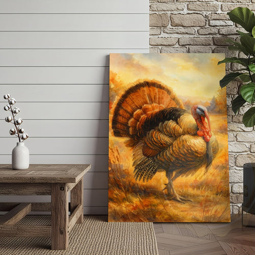 Turkey In Autumn Field Rustic Hunting Lodge Wall Art Wrapped Canvas