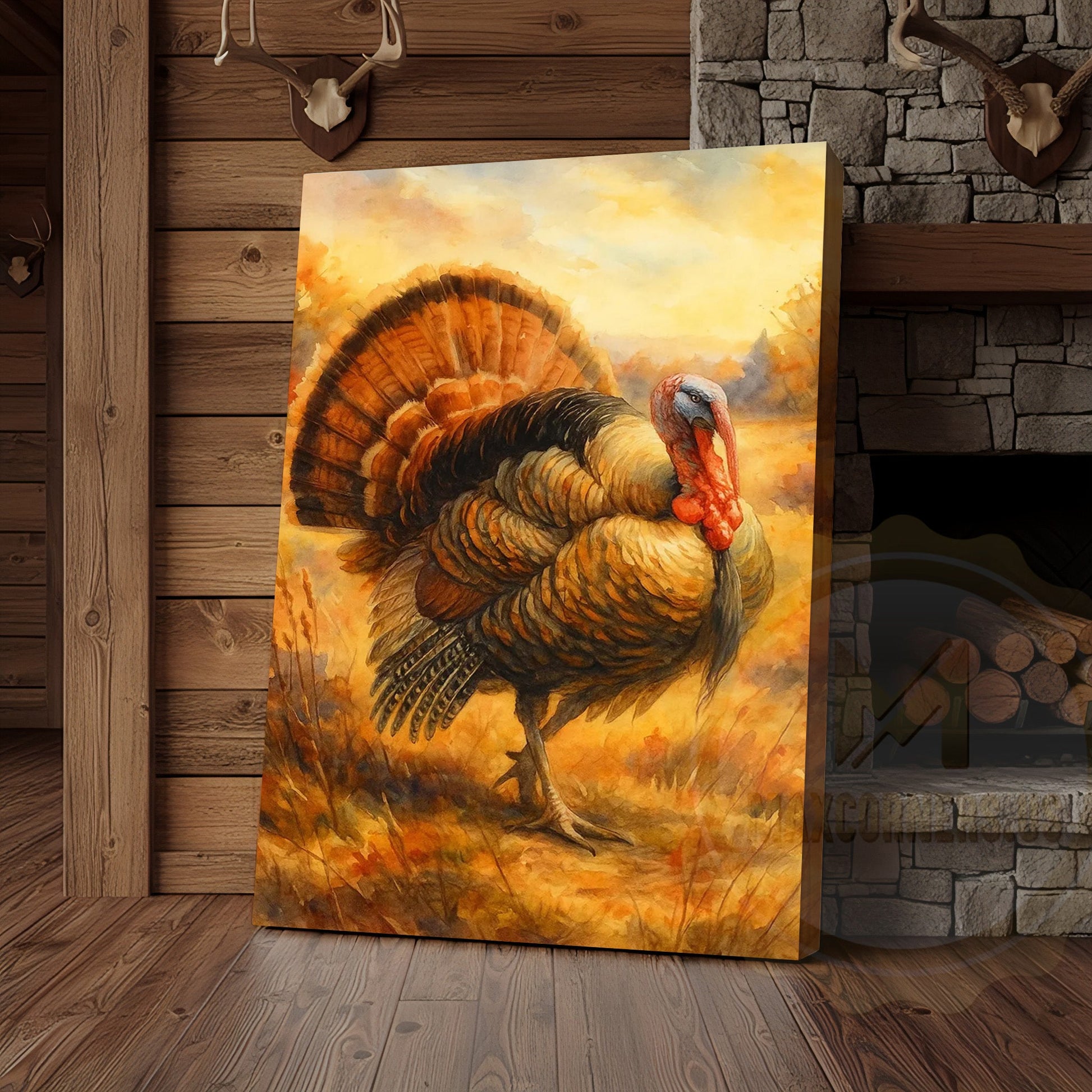 Turkey In Autumn Field Rustic Hunting Lodge Wall Art Wrapped Canvas