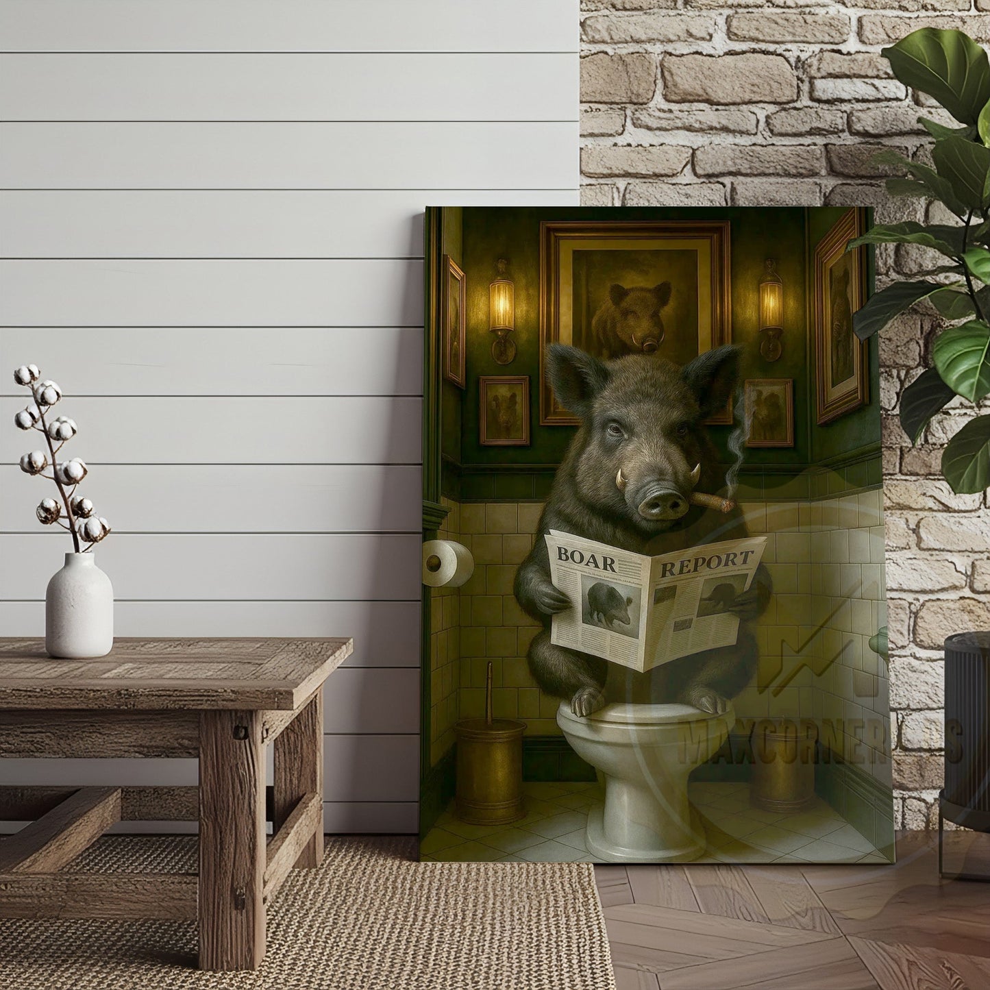 Funny Boar Reading Newspaper Rustic Bathroom Wall Art Wrapped Canvas