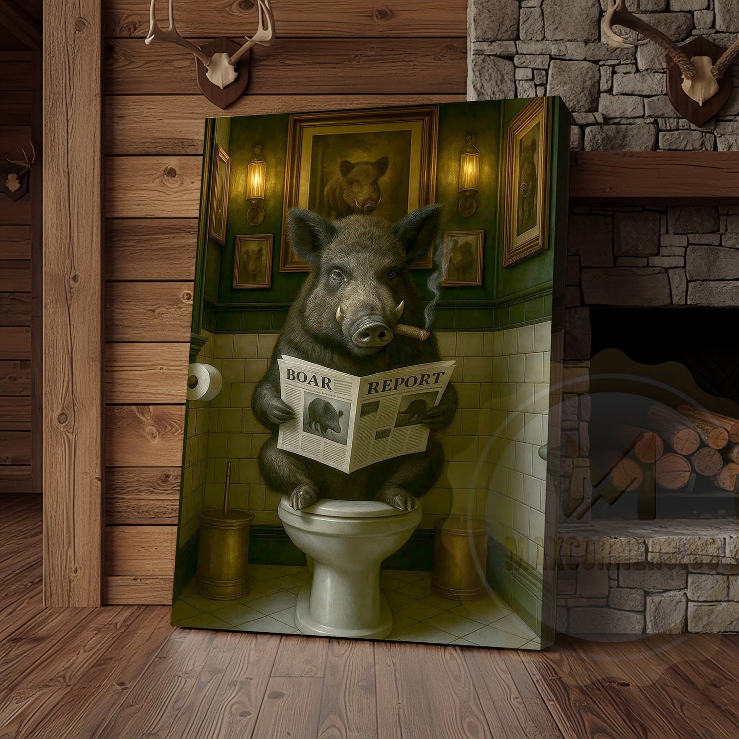 Funny Boar Reading Newspaper Rustic Bathroom Wall Art Wrapped Canvas