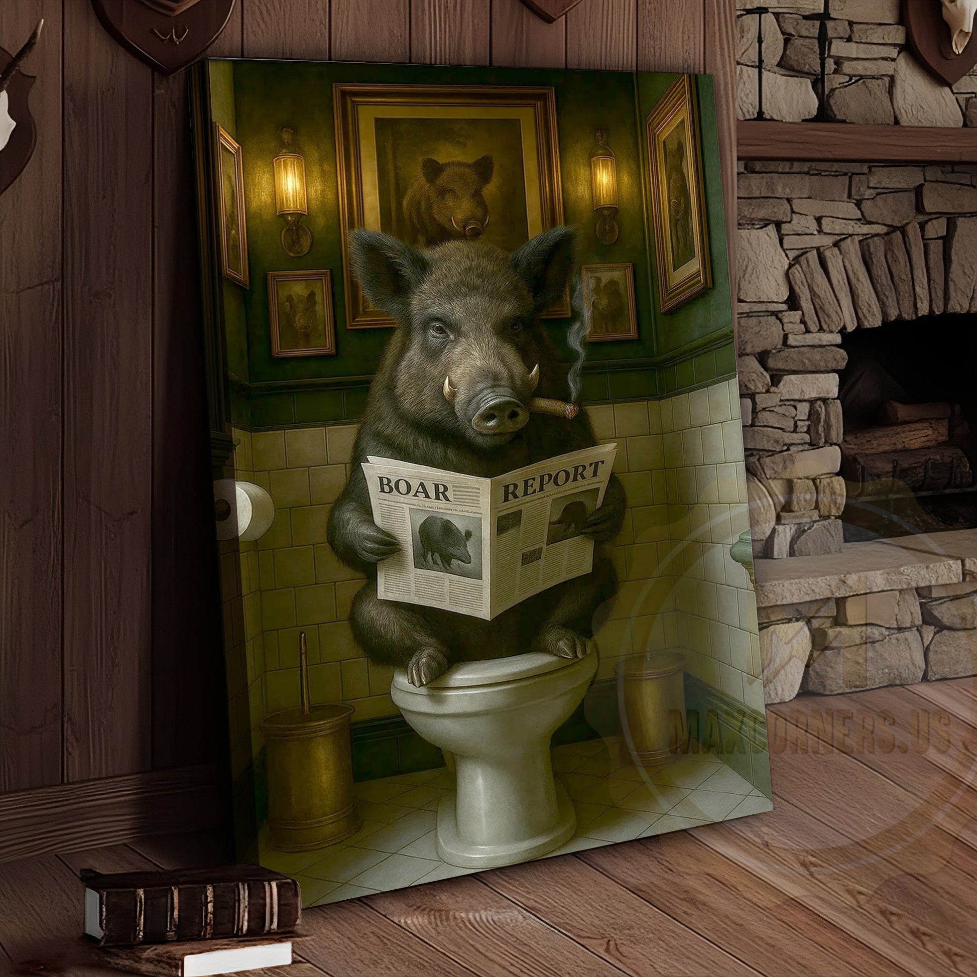 Funny Boar Reading Newspaper Rustic Bathroom Wall Art Wrapped Canvas