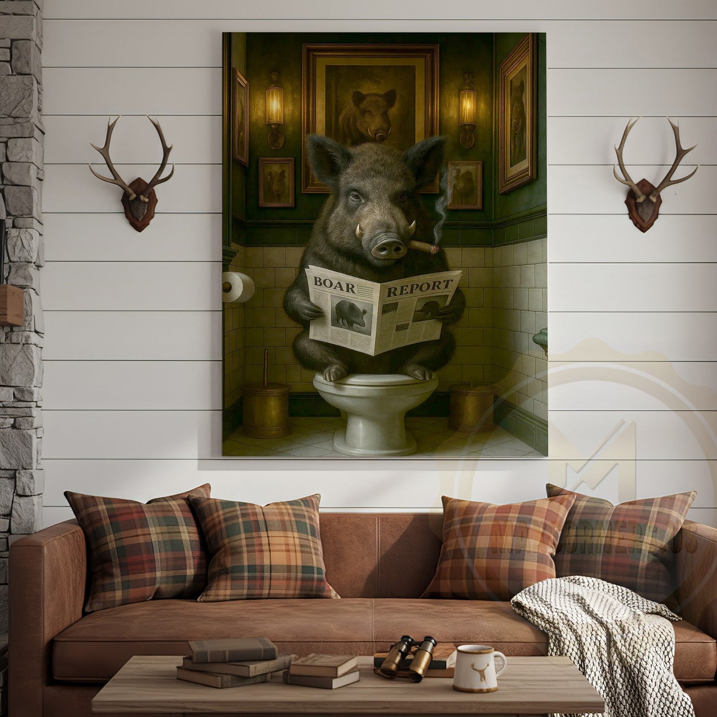 Funny Boar Reading Newspaper Rustic Bathroom Wall Art Wrapped Canvas