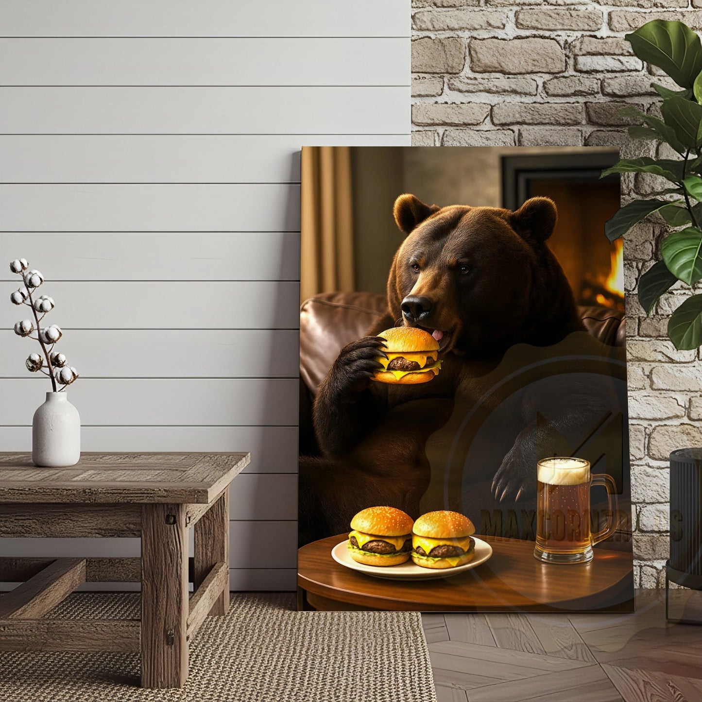 Funny Bear Eating Burger With Beer Rustic Lodge Wall Art Wrapped Canvas