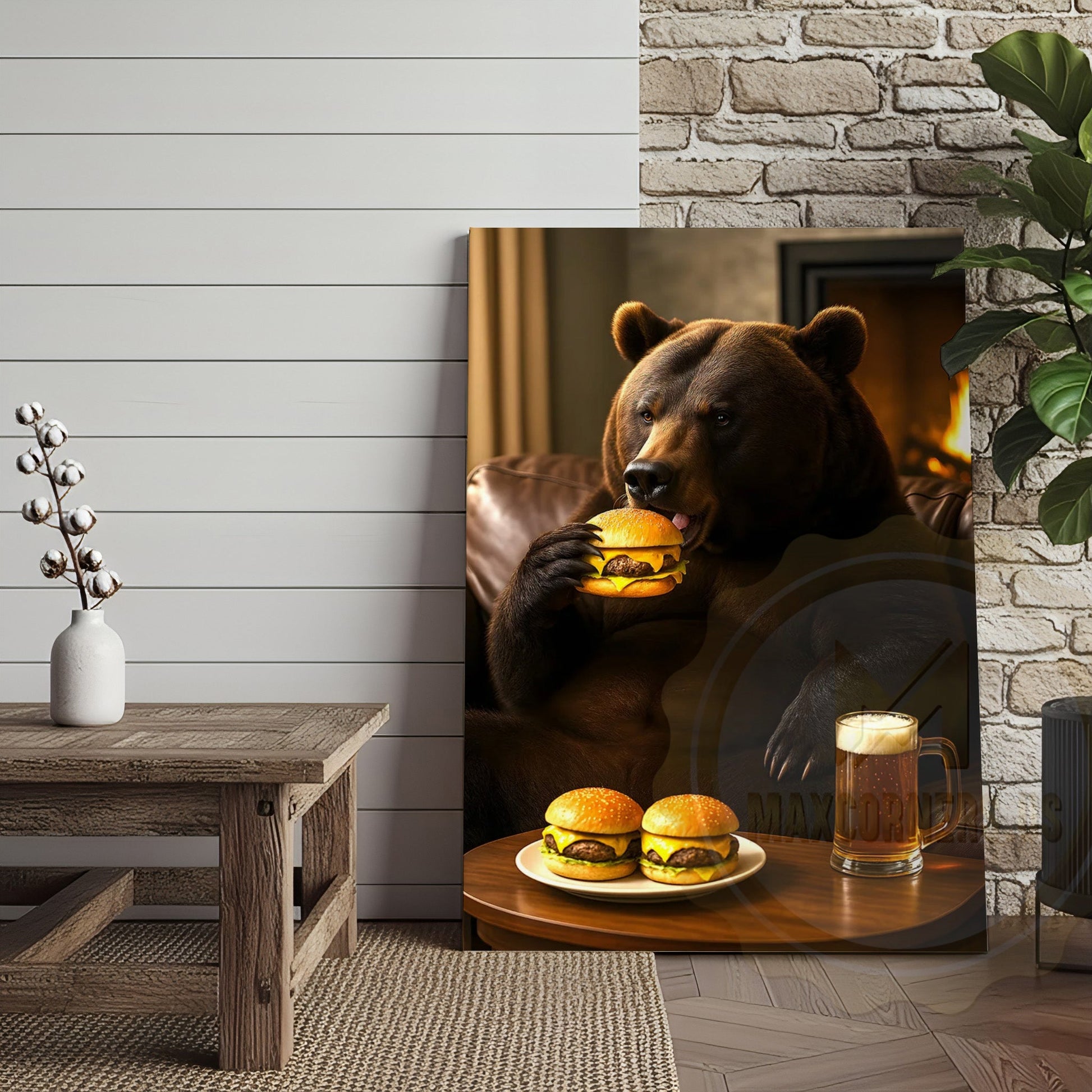 Funny Bear Eating Burger With Beer Rustic Lodge Wall Art Wrapped Canvas