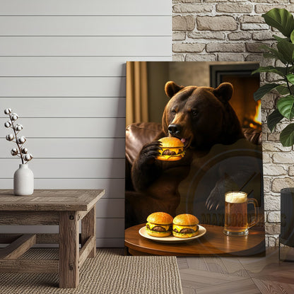 Funny Bear Eating Burger With Beer Rustic Lodge Wall Art Wrapped Canvas