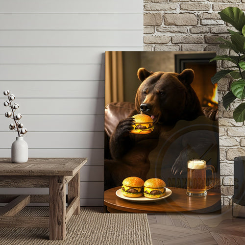Funny Bear Eating Burger With Beer Rustic Lodge Wall Art Wrapped Canvas