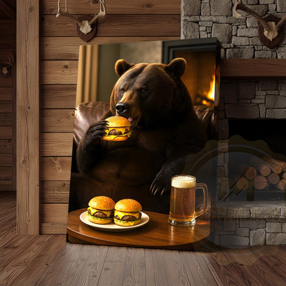 Funny Bear Eating Burger With Beer Rustic Lodge Wall Art Wrapped Canvas