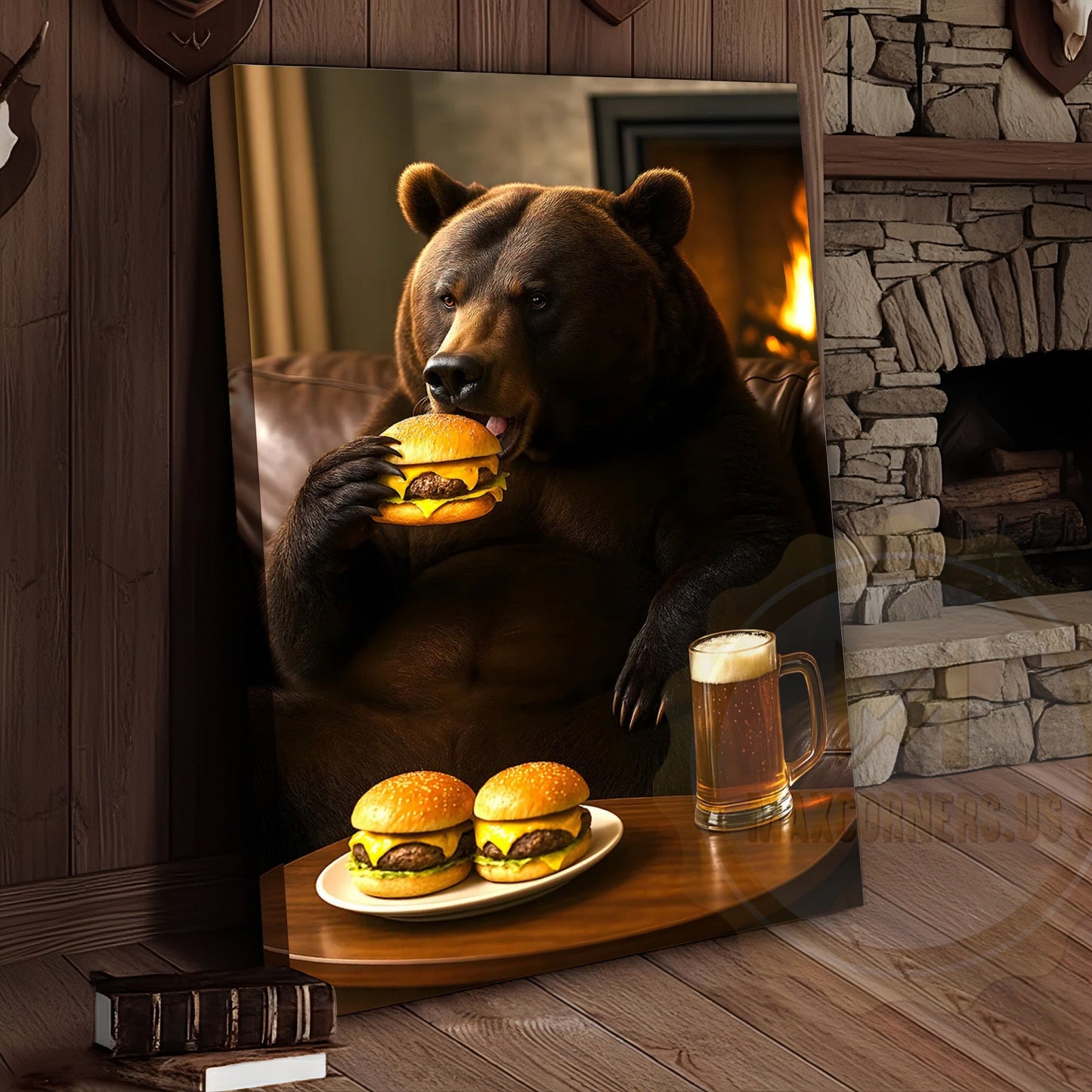 Funny Bear Eating Burger With Beer Rustic Lodge Wall Art Wrapped Canvas