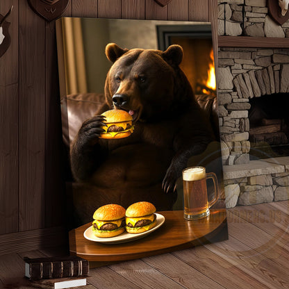 Funny Bear Eating Burger With Beer Rustic Lodge Wall Art Wrapped Canvas