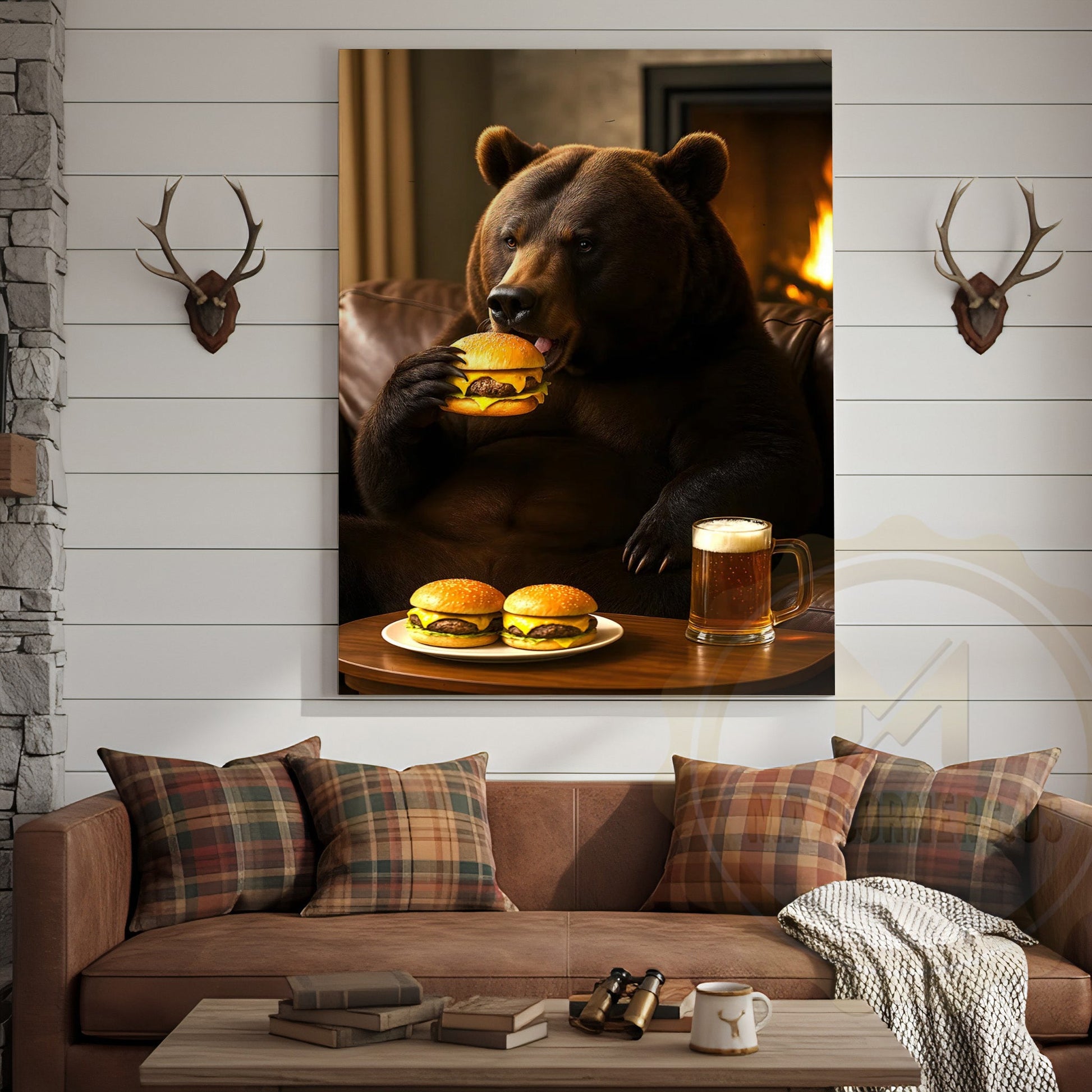 Funny Bear Eating Burger With Beer Rustic Lodge Wall Art Wrapped Canvas