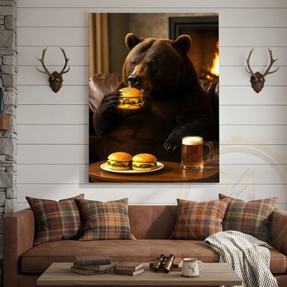 Funny Bear Eating Burger With Beer Rustic Lodge Wall Art Wrapped Canvas