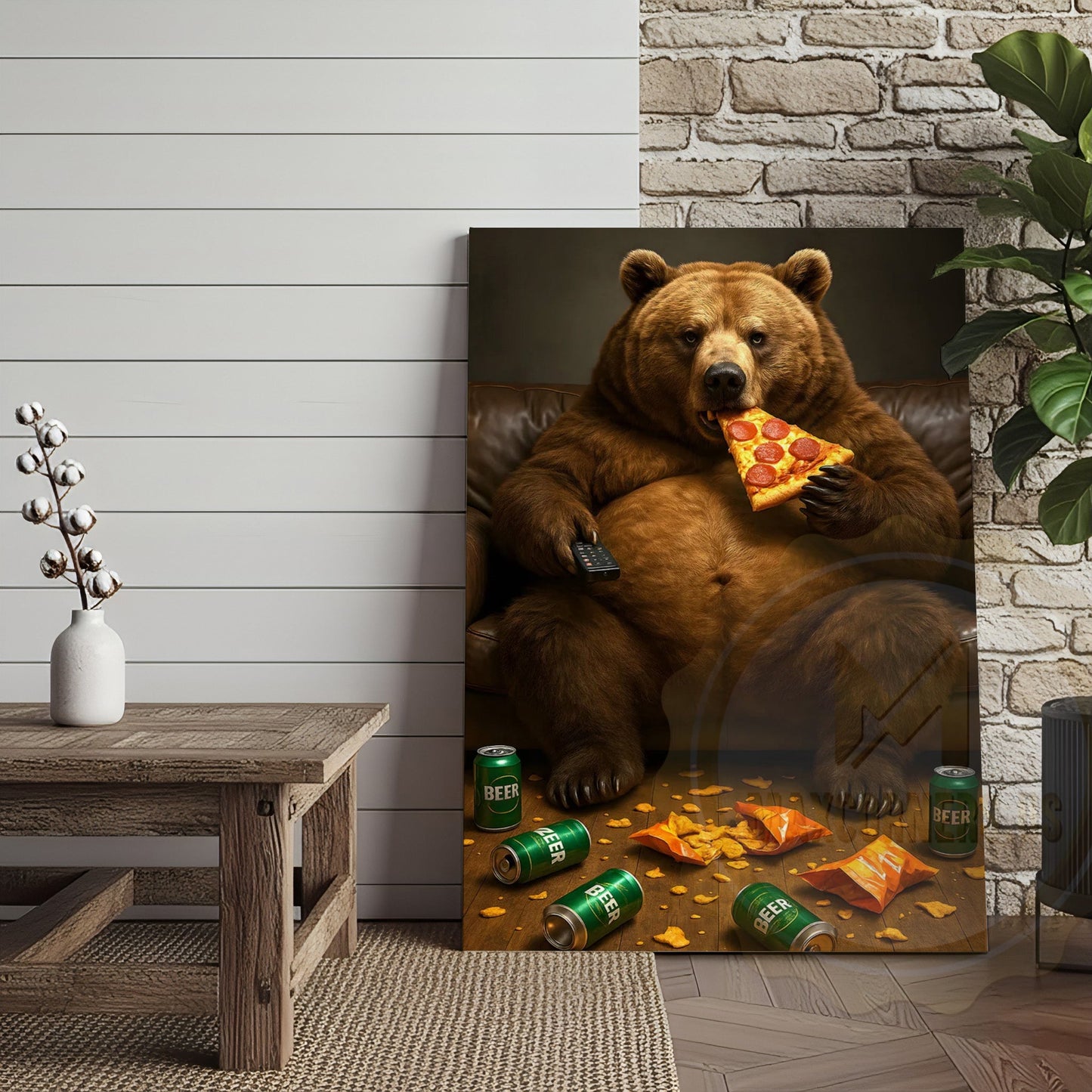 Funny Bear Eating Pizza Drinking Beer Rustic Lodge Wall Art Wrapped Canvas