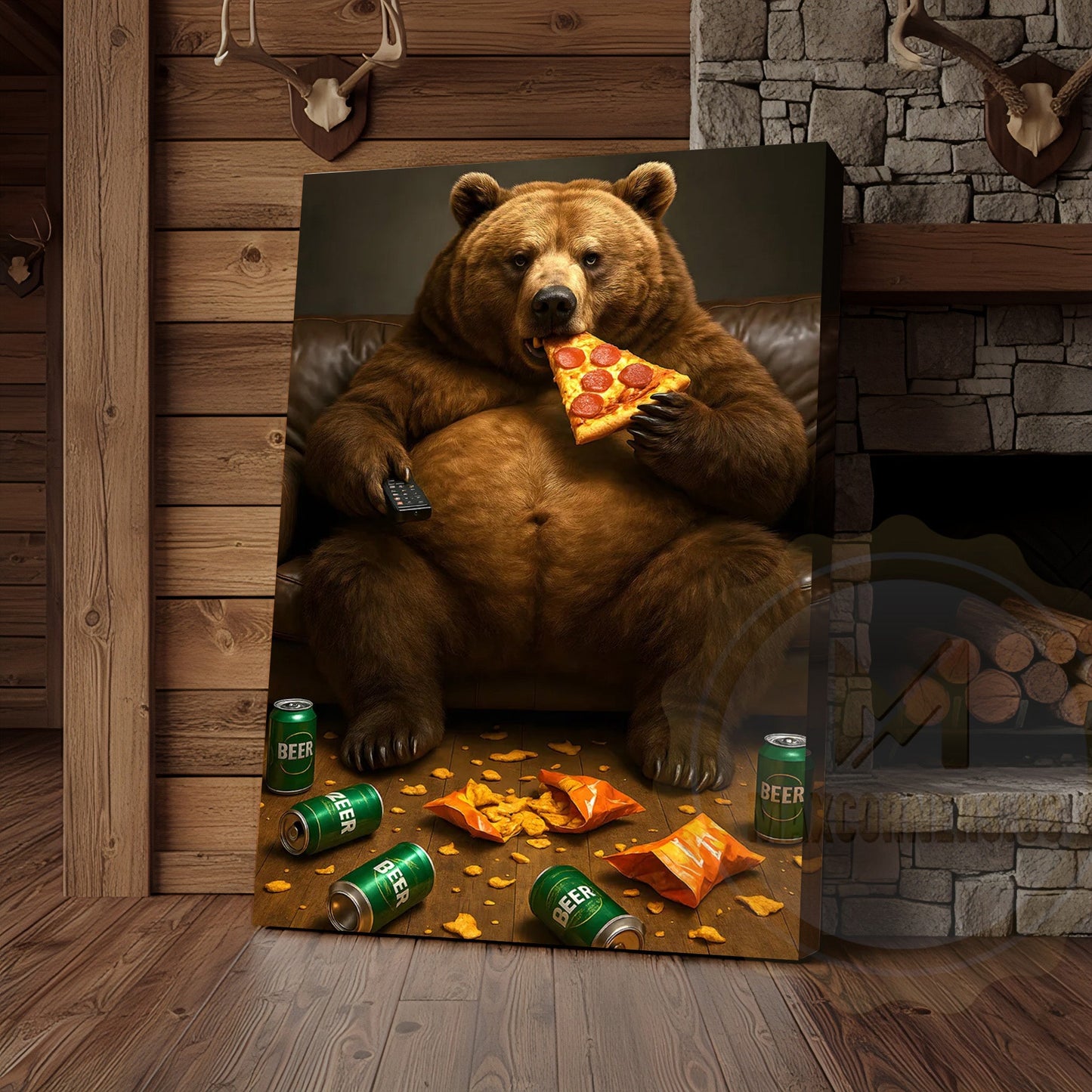 Funny Bear Eating Pizza Drinking Beer Rustic Lodge Wall Art Wrapped Canvas