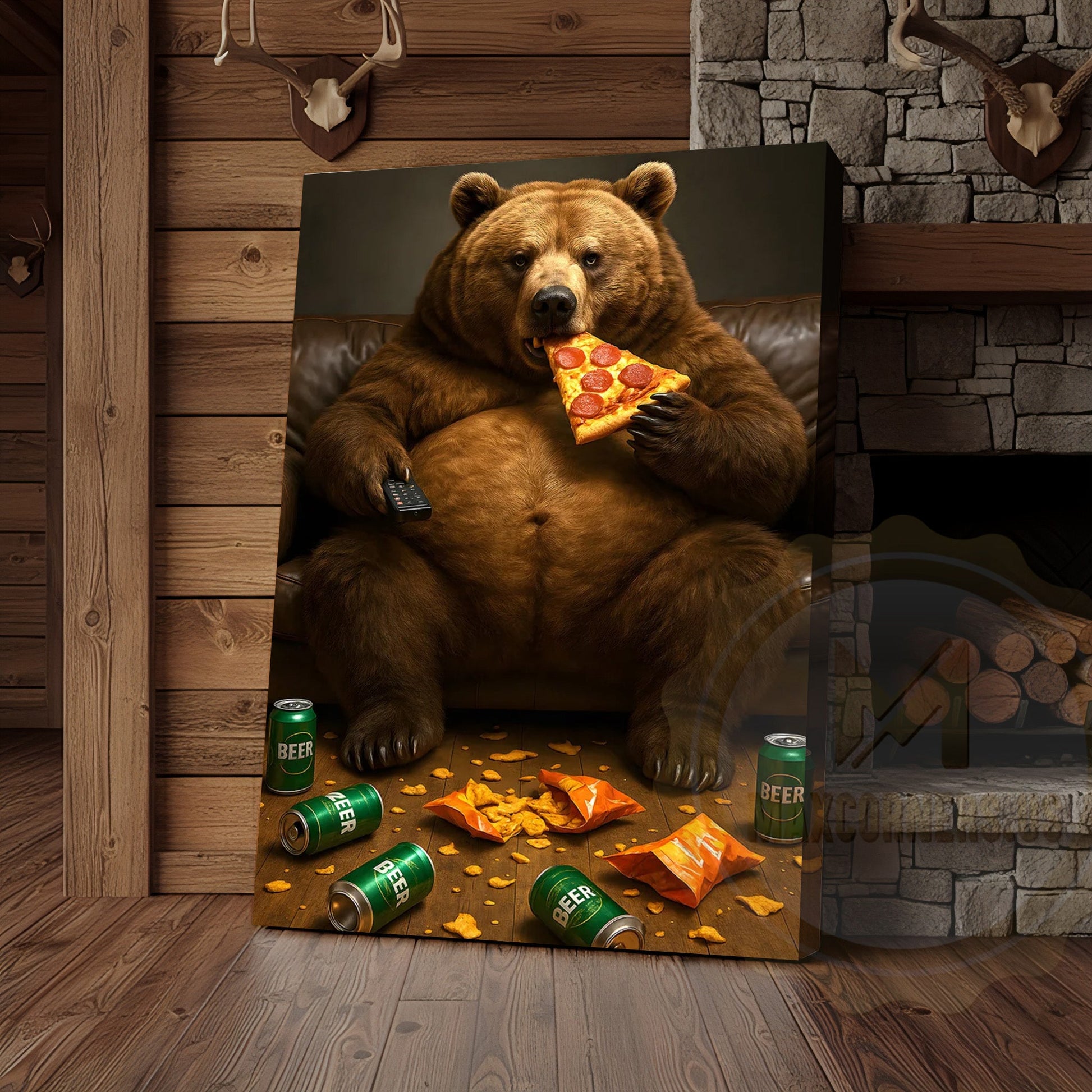 Funny Bear Eating Pizza Drinking Beer Rustic Lodge Wall Art Wrapped Canvas