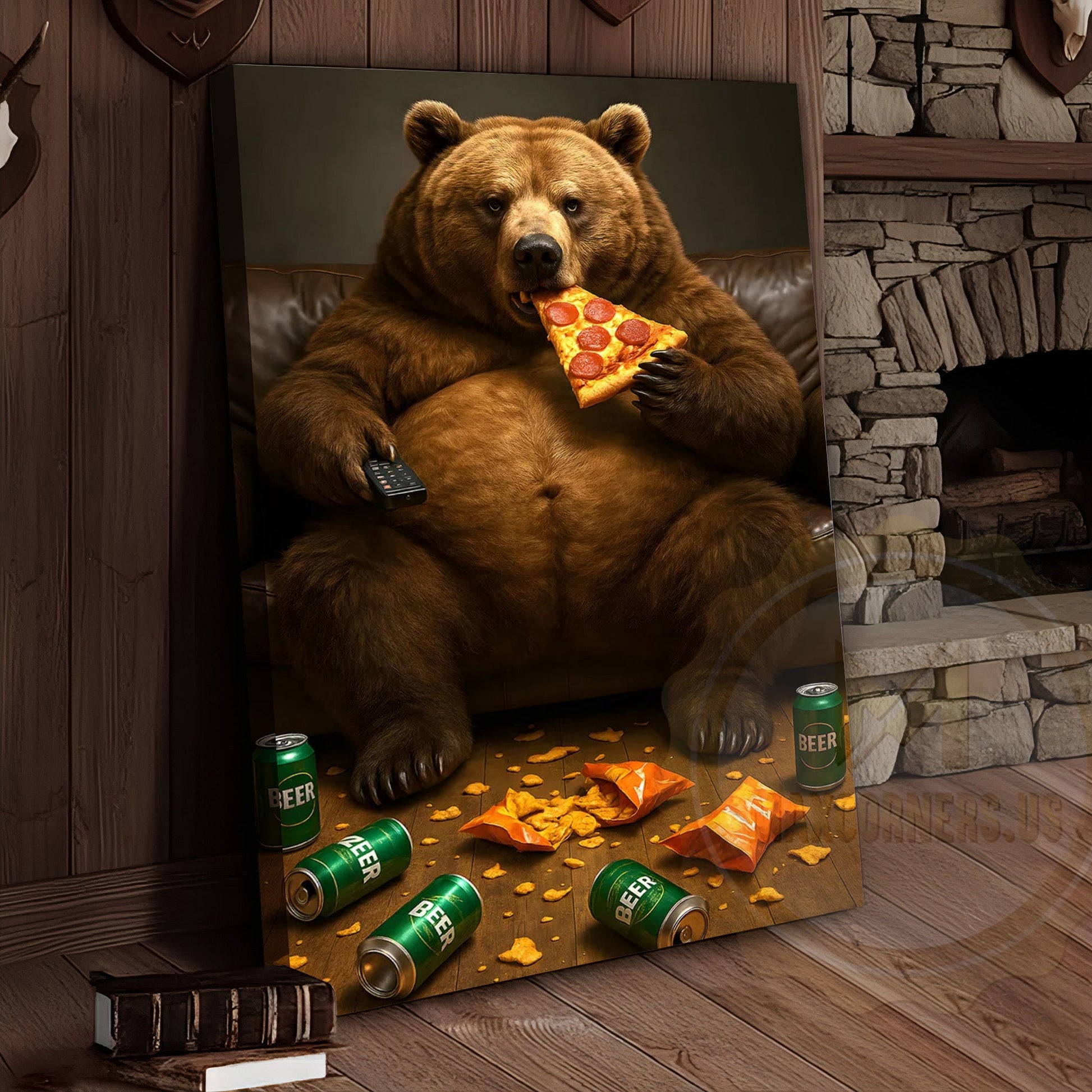 Funny Bear Eating Pizza Drinking Beer Rustic Lodge Wall Art Wrapped Canvas