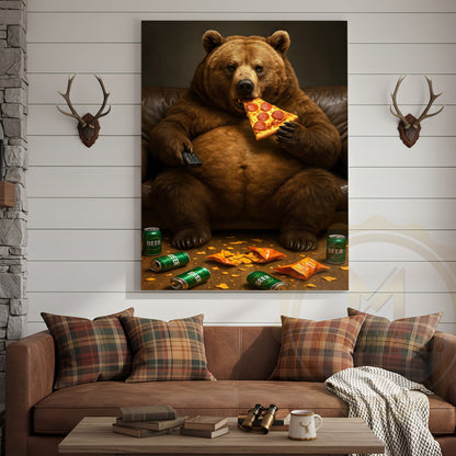 Funny Bear Eating Pizza Drinking Beer Rustic Lodge Wall Art Wrapped Canvas