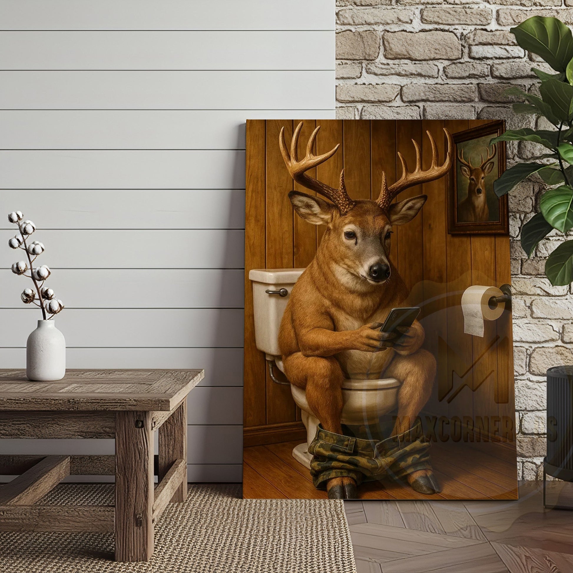 Funny Deer on Toilet Reading Phone Bathroom Humor Art Wrapped Canvas