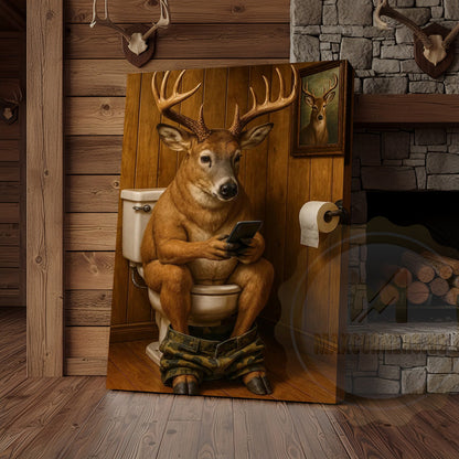 Funny Deer on Toilet Reading Phone Bathroom Humor Art Wrapped Canvas